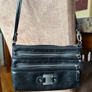 Franco Sarto Black Leather Mini Shoulder Bag Multi Zip Small Purse